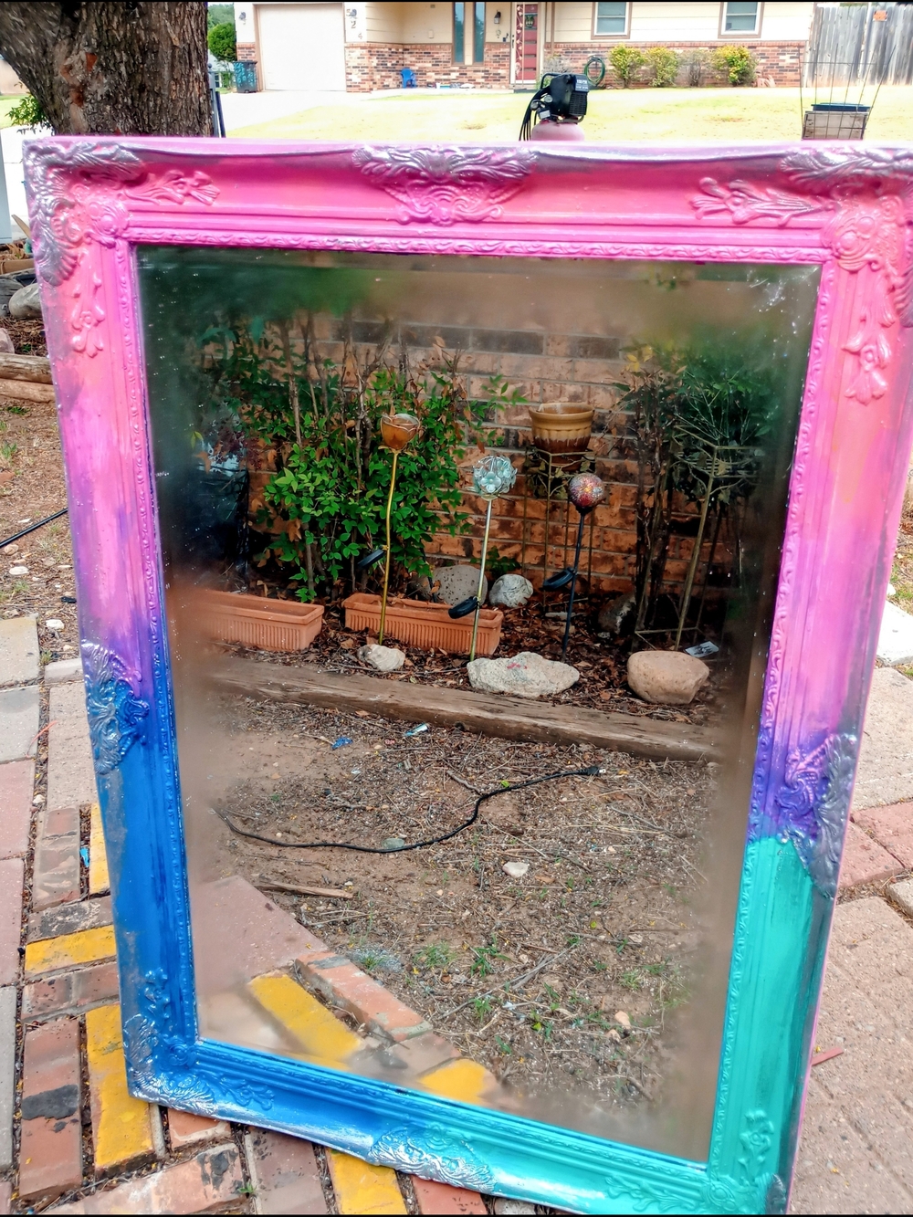 Hand-Painted Ombre Pink Blue Teal Decorative Wall Mirror